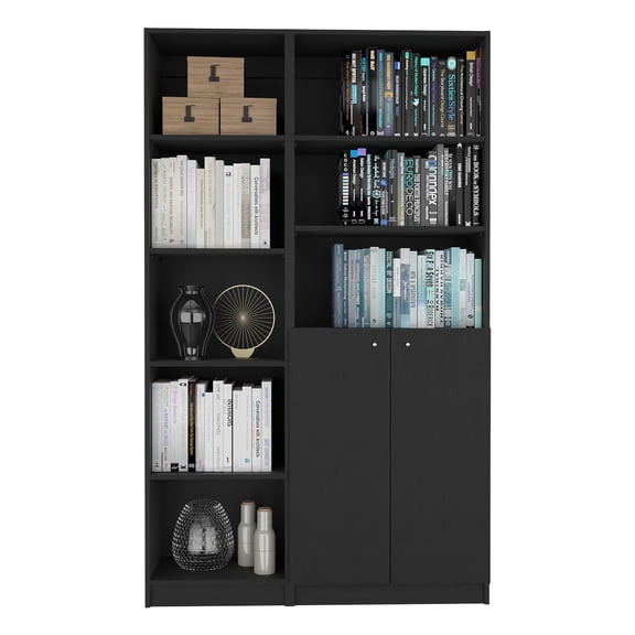 Nmkwnr 8 Tiers Wood Bookcase Bookshelf with 2 Door Cabinet, Book Storage Rack for Living Room, Office, Black