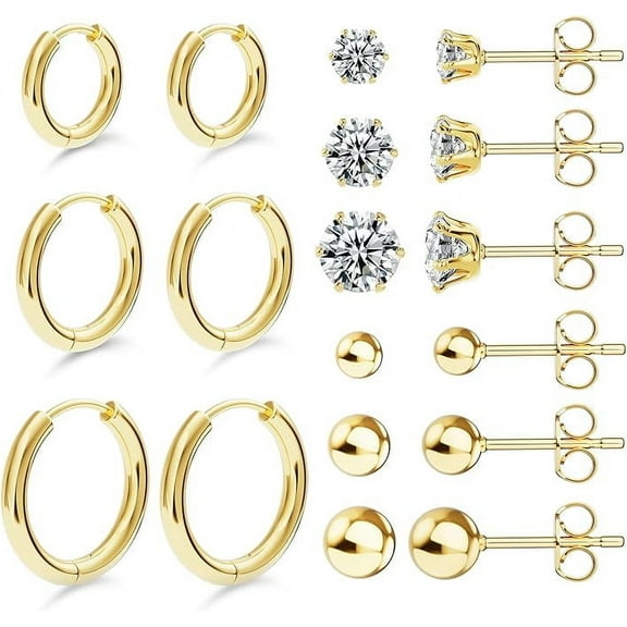 Nmkwnr 9 Pairs 316L Stainless Steel Hoop Earrings Cubic Zirconia Stud Earring Round Ball Stud Earring for Women Men, Gold
