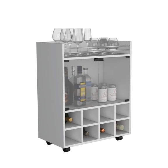 Nmkwnr Bar Cart with 8 Bottle Rack and Open Shelf and Glass Door, 32" H Kitchen Storage Cabinet with 4 Wheels, Perfect for Living Room, Bar, Dining Room