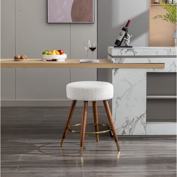 Nmkwnr Boucle Upholstered Counter Height Stool with Wood Legs, 360 Degree Swivel Barstool for Living Room, Bar, Dining Room, White