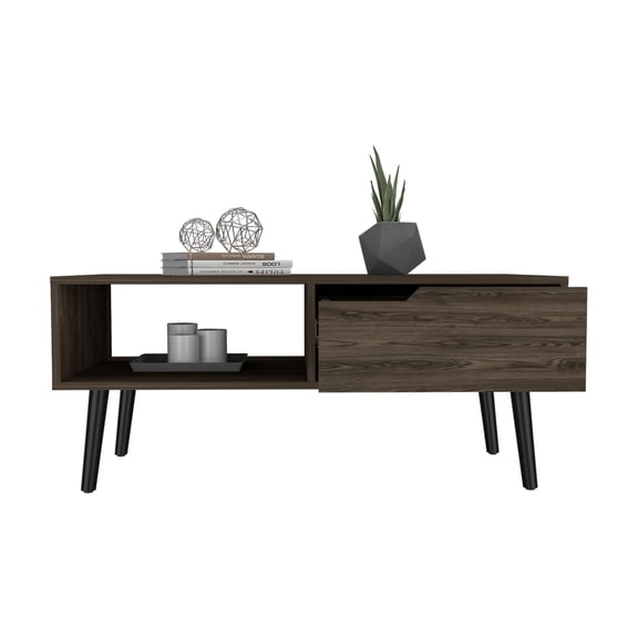 Nmkwnr Coffee Table with 1 Open Shelf and 1 Drawer, Rectangle Side Table for Living Room, Office, Dark Brown