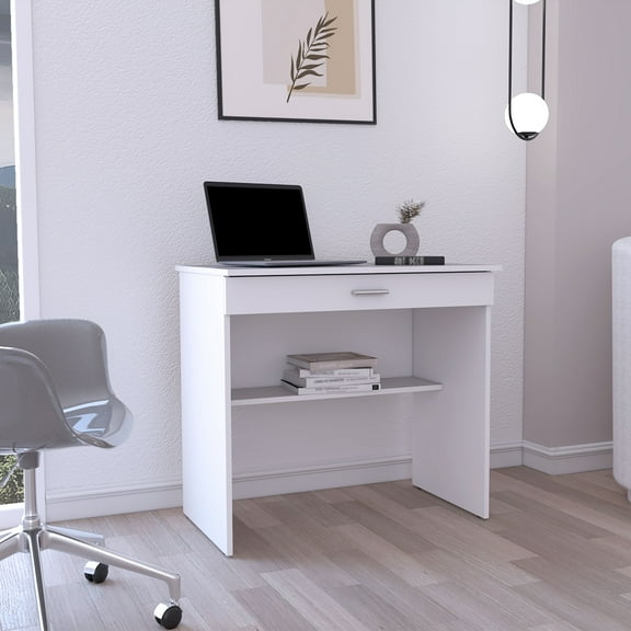 Nmkwnr Computer Desk Writing Desk with Drawer and Lower Shelf, White