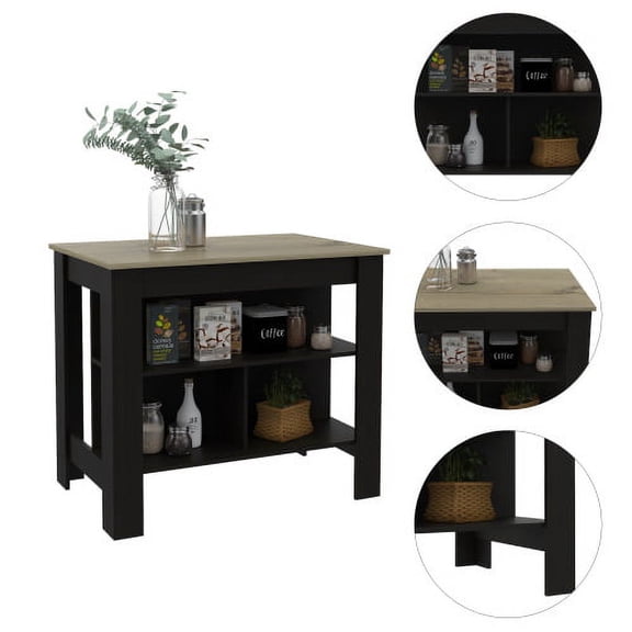 Nmkwnr Counter Height Island Table with 3 Open Shelves, Wood Kitchen Island for Dining Room, Kitchen, Black + Light Brown