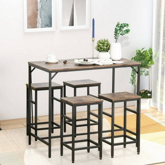 Nmkwnr Dining Table Set, 1 Pc Bar Table & 4 Stools Set, Space Saving for Pub & Kitchen, Black + Brown
