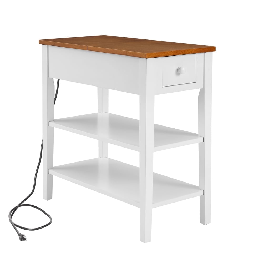 White and Brown Wood End Table with Charging Station and Storage