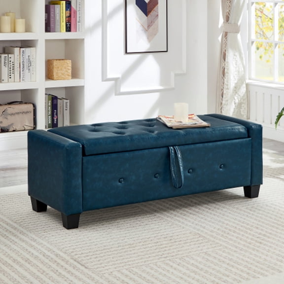 Nmkwnr Faux Leather Storage Ottoman with Wood Frame, 48" Upholstered Storage Bench for Bedroom, Living Room, Hallway, Blue