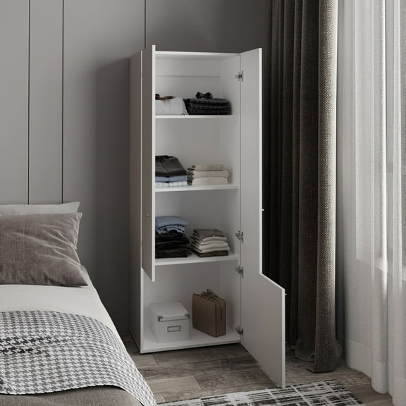 Nmkwnr Freestanding Wardrobe with 4 Inner Shelves, 3 Doors Storage Cabinet for Bedroom, Living Room, White