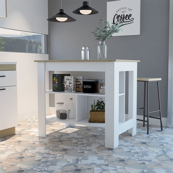 Nmkwnr Kitchen Island Table with 3 Open Shelves, White