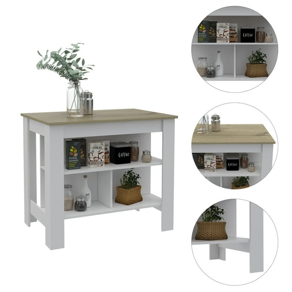 Nmkwnr Kitchen Island with 3 Shelves, Wood Island Table for Dining Room, Kitchen, White + Brown