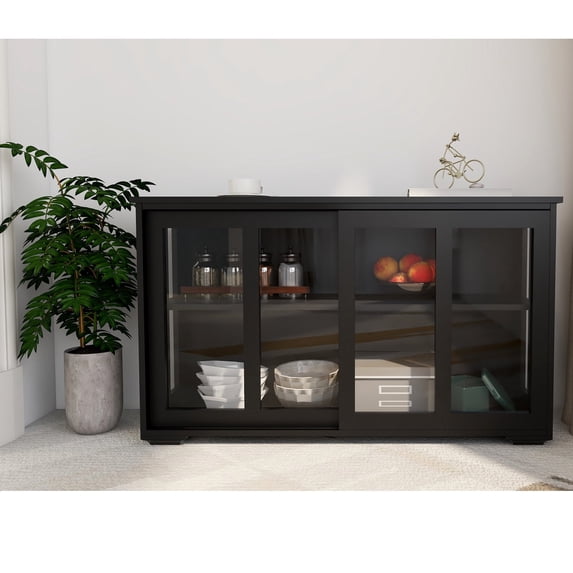 Nmkwnr Kitchen Storage Stand Cupboard Cabinet with Glass Door, Black