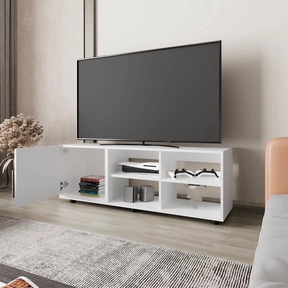 Nmkwnr Media Console for TVs up to 52 Inch, Tv Stand with 4 Open Shelves, Entertainment Center for Living Room, Bedroom, White