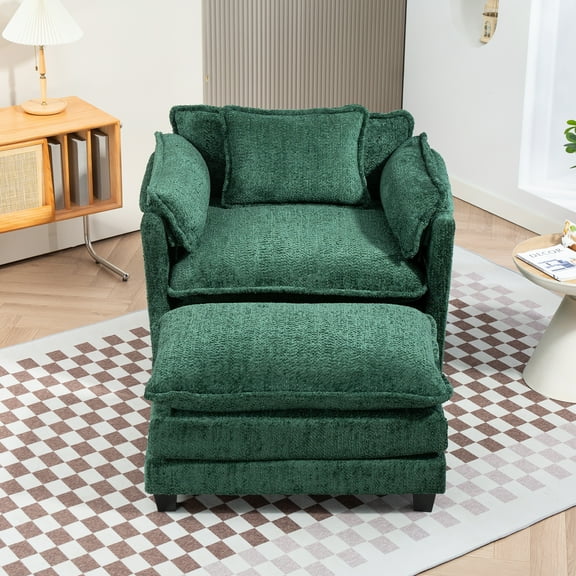 Nmkwnr Modern Accent Chair with Ottoman, Boucle Upholstered Sofa Chair for Living Room, Bedroom, Office, Dark Green