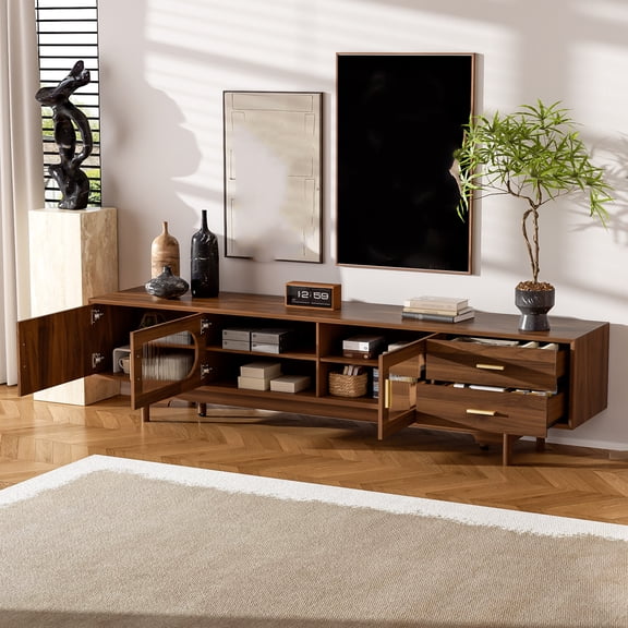 Nmkwnr Modern TV Cabinet for TVs Up to 85", TV Stand with Glass Doors and 2 Drawers, Entertainment Center with Cable Management