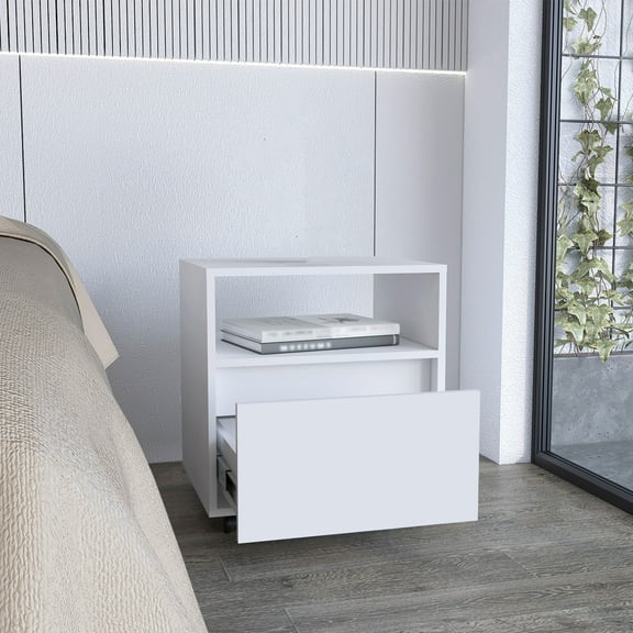 Nmkwnr Nightstand with 1 Open Shelf and 1 Drawer and Wheels, Beside Table for Living Room, Bedroom, White