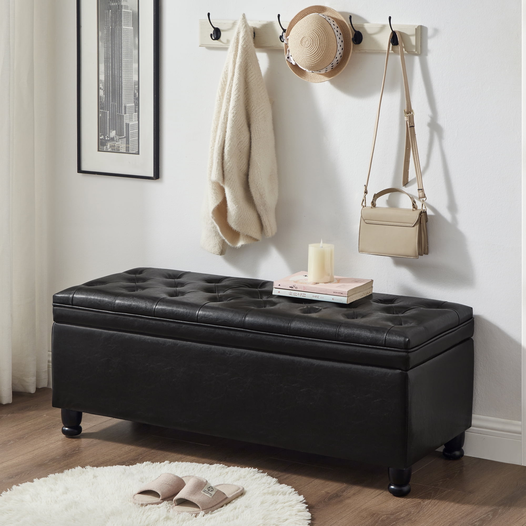 Black Faux Leather Tufted Storage Bench with Wooden Legs