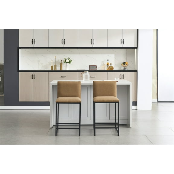 Nmkwnr Pack of 2 Upholstered Linen Bar Stools with Metal Footrest and Frame, Counter Height Bar Chair for Kitchen, Dining Room, Bar, Coffee