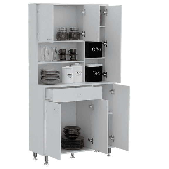 Nmkwnr Pantry Cabinet with 1 Drawer and 2 Open Shelves, 6 Doors Storage Cabinet for Living Room, Dining Room, Kitchen, White