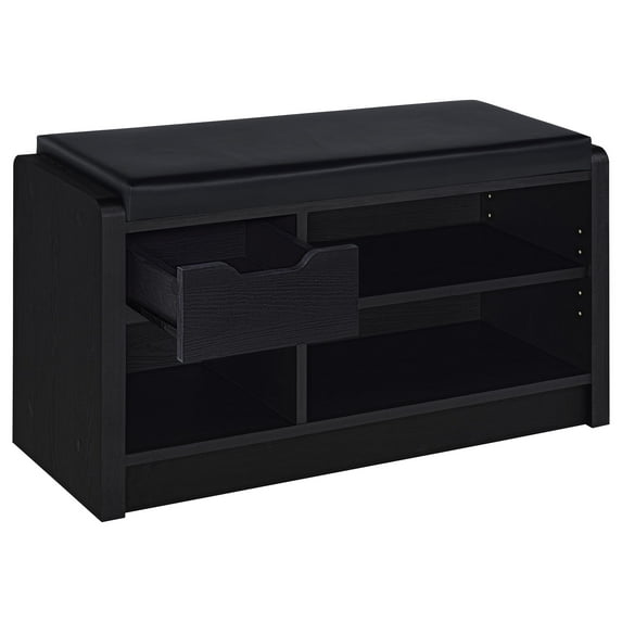 Nmkwnr Rectangle Bench with Open Shelf and Drawer, Upholstered Seat Storage Bench for Living Room, Bedroom, Black