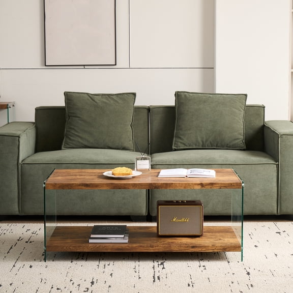 Nmkwnr Rectangle Wood Top Coffee Table with Tempered Glass Base, Small Tea Table Sofa Table for Living Room, Office