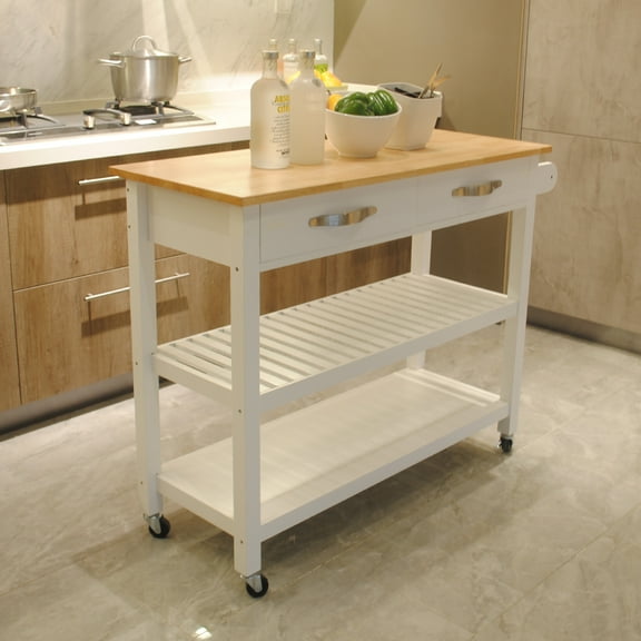 Nmkwnr Rubber Wood Top Kitchen Cart with 2 Wheels and 2 Drawers, White