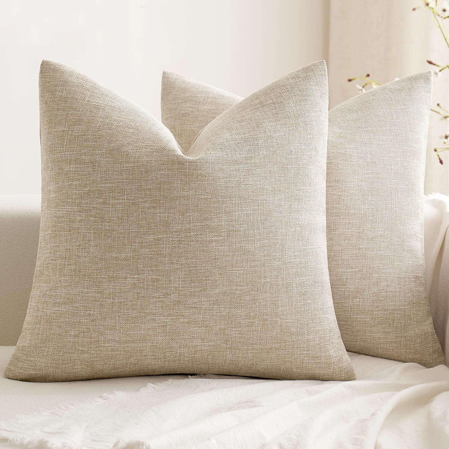 Nmkwnr Set of 2 Soft Decorative Throw Pillow Covers Square Solid Cushion Cover Linen Pillow Case for Couch Bed Sofa Living Room, 20x20 Inch