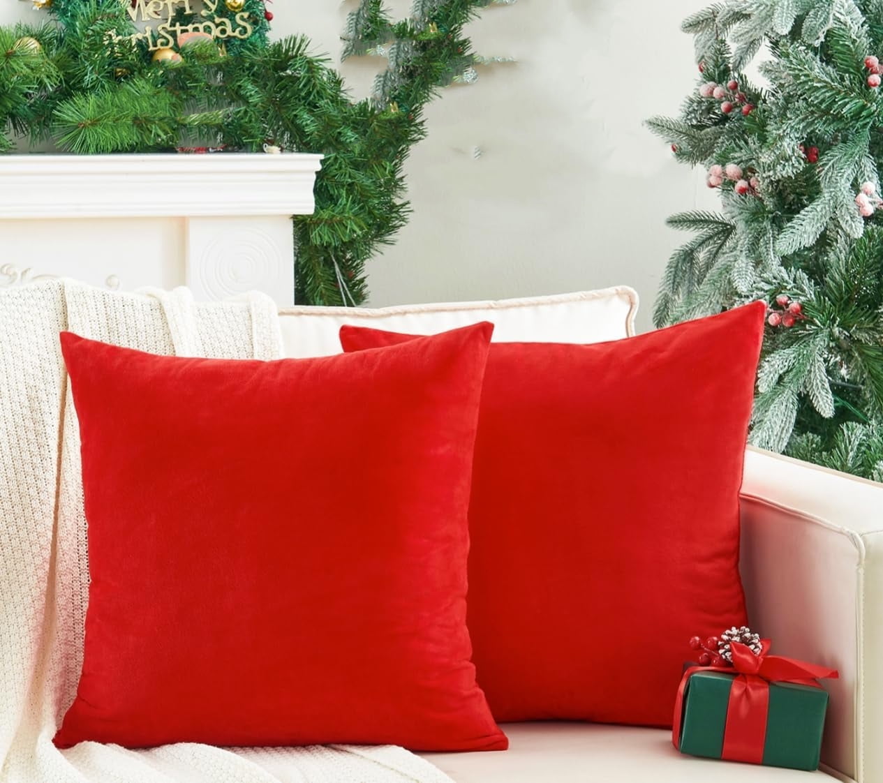 Red Velvet 22" x 22" Square Pillow Covers Set
