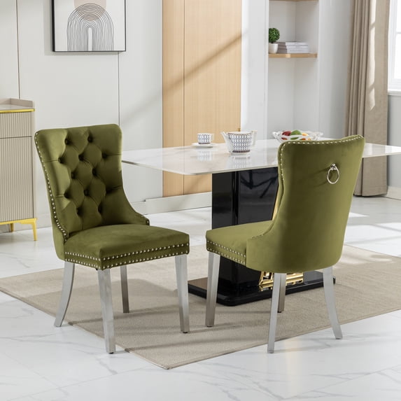 Nmkwnr Set of 2 Upholstered Dining Chair with Stainless Steel Legs, Velvet Side Chair for Home, Dining Room, Living Room, Olive Green
