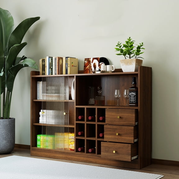 Nmkwnr Sideboard with 2 Glass Doors, Freestanding Countertop Storage Cabinet for Dining Room, Bar, Kitchen