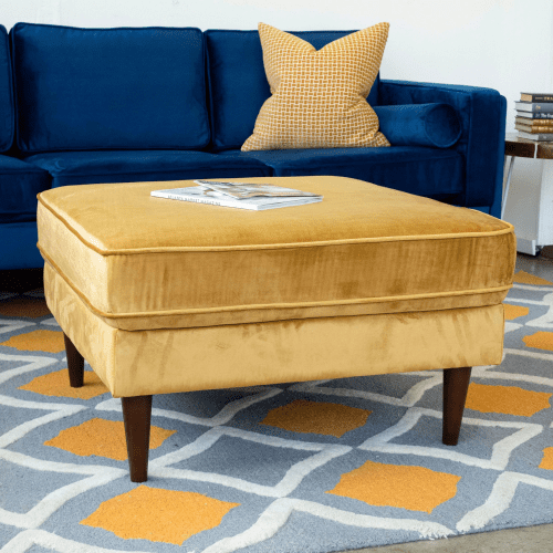 Nmkwnr Square Upholstered Velvet Ottoman with Wood Legs, Perfect for Living Room, Bedroom, Office, Yellow