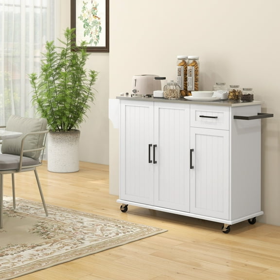 Nmkwnr Stainless Steel Top Kitchen Island with 3 Cabinet and Wheels, Rolling Kitchen Cart with Drawer and Rack, White