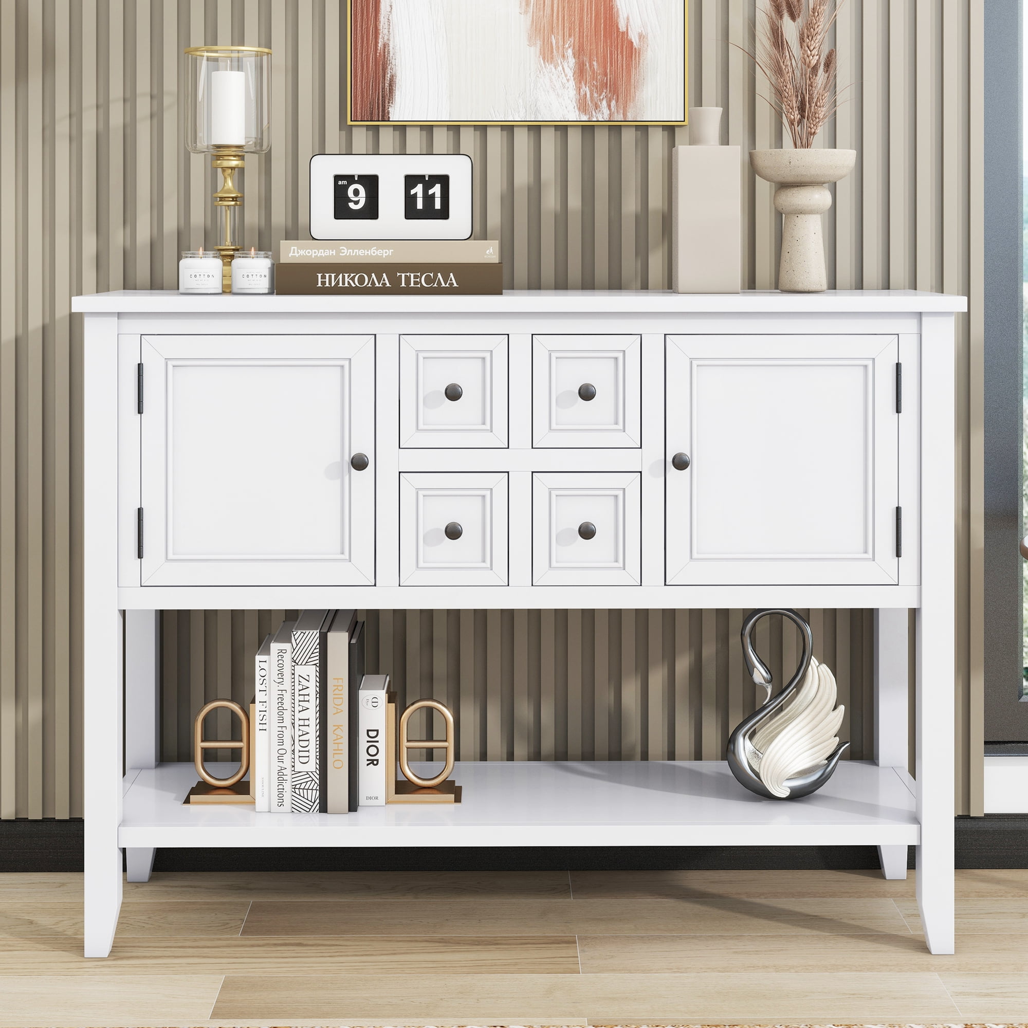 Nmkwnr Storage Console Table with 4 Drawers and Bottom Shelf, Long ...