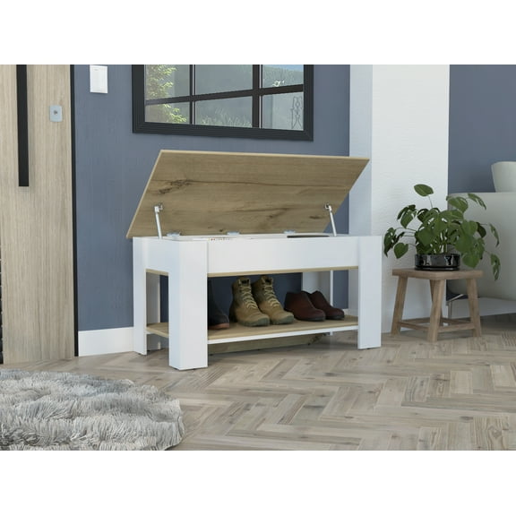 Nmkwnr Storage Table Bench with Lower Shelf, Light Brown + White