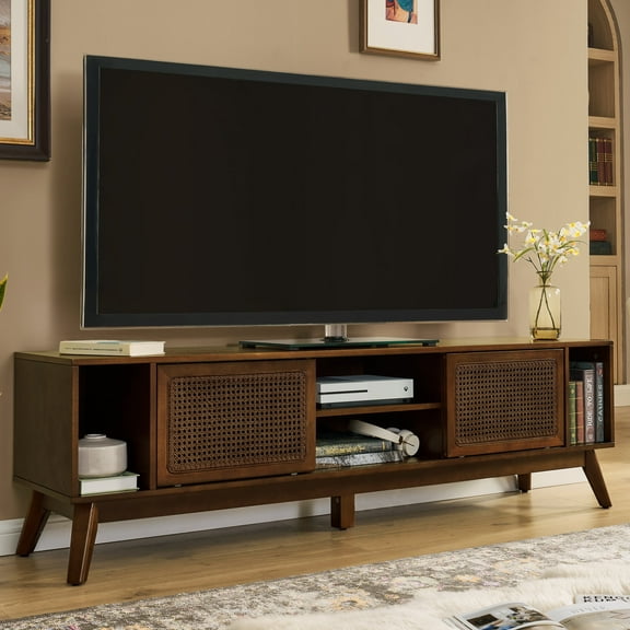 Nmkwnr TV Cabinet for TVs up to 75", Modern TV Stand with Rattan Door and Open Shelf, Media Console for Living Room, Media Room, Brown