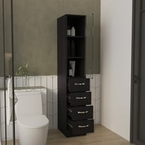 Nmkwnr Tall Cabinet with 3 Shelves and 4 Drawers, Single Glass Door Storage Cabinet for Living Room, Bathroom, Black