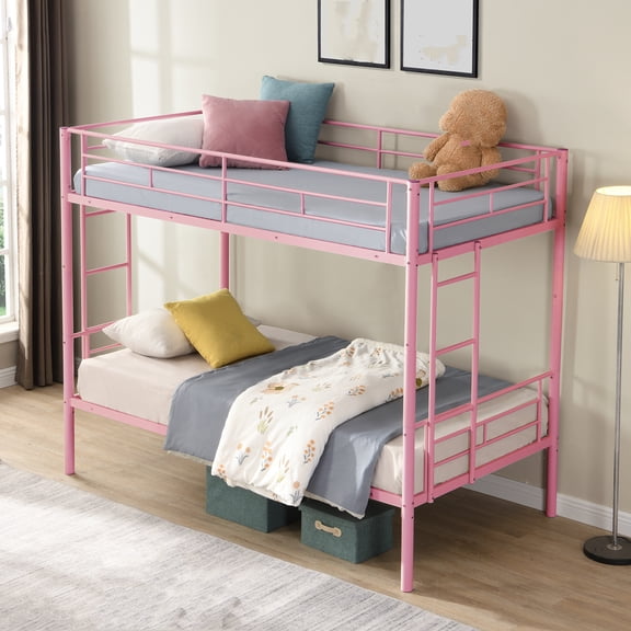 Nmkwnr Twin Over Twin Metal Bunk Bed Frame for Living Room, Bedroom, Pink