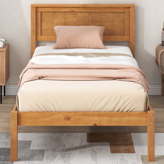 Nmkwnr Twin Size Platform Bed Frame with Headboard , Wood Slat Support, No Box Spring Needed, Perfect for Home, Bedroom, Brown