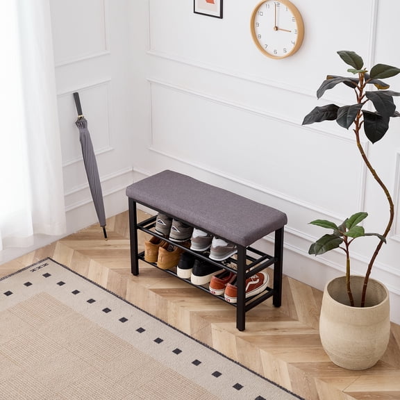 Nmkwnr Upholstered Seat Shoe Bench with Metal Frame, 2 Tiers Fabric Shoe Rack for Living Room, Bedroom, Hallway, Gray
