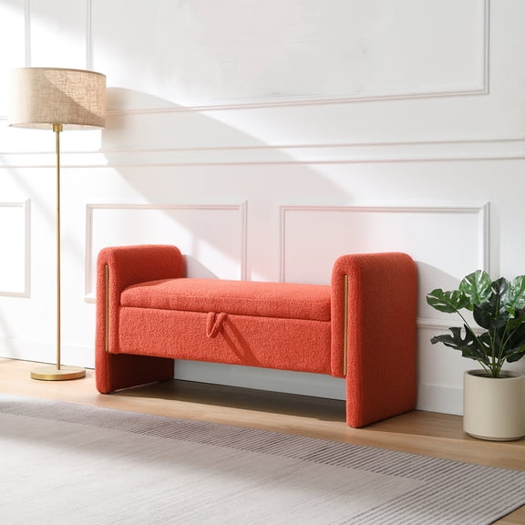 Nmkwnr Upholstered Storage Bench with Arms, Rectangle Storage Ottoman Vanity Bench for Living Room, Bedroom, Office, Orange