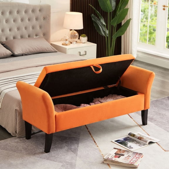 Nmkwnr Velvet Storage Bench for Living Room, Bedroom, Orange