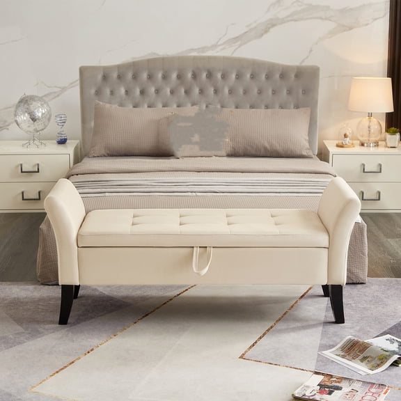 Nmkwnr Velvet Storage Bench with Wood Frame, Perfect for Living Room, Office, Beige