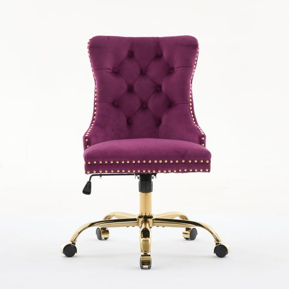 Nmkwnr Velvet Upholstered Office Chair with Golden Metal Base and Wheels, Adjustable Swivel Desk Chair for Office, Living Room, Purple