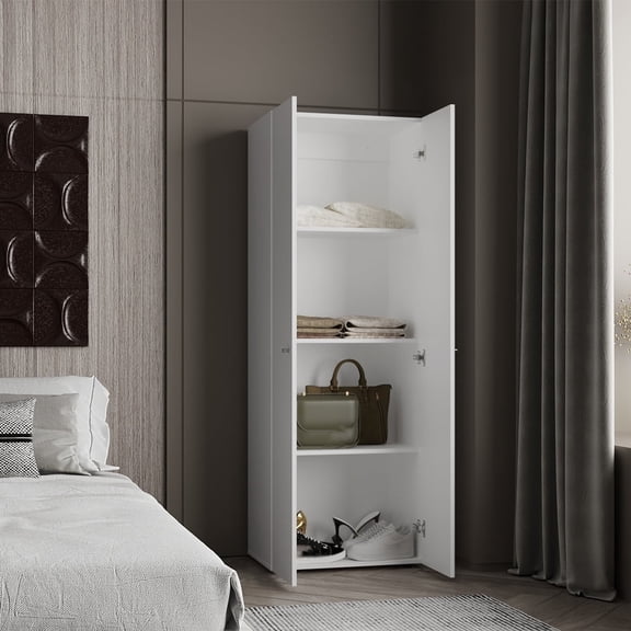 Nmkwnr Wood Armoire with 4 Inner Shelves, 2 Doors Clothes Storage Cabinet for Bedroom, Living Room, White