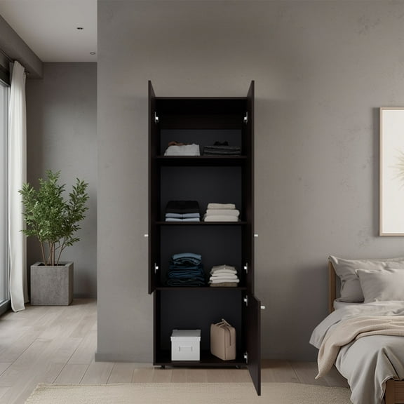 Nmkwnr Wood Armoire with 4 Shelves, 3 Doors Clothes Storage Cabinet for Bedroom, Living Room, Dark Brown