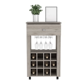 Nmkwnr Wood Bar Cart with 12 Wine Bottle Rack and Wheels, Light Gray