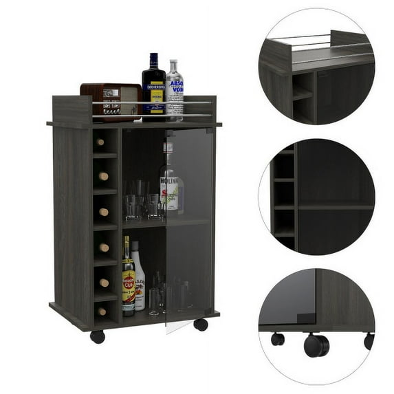 Nmkwnr Wood Bar Cart with 2 Shelves and 6 Bottole Rack and 4 Wheels, Perfect for Kitchen, Dining Room, Bar, Dark Brown
