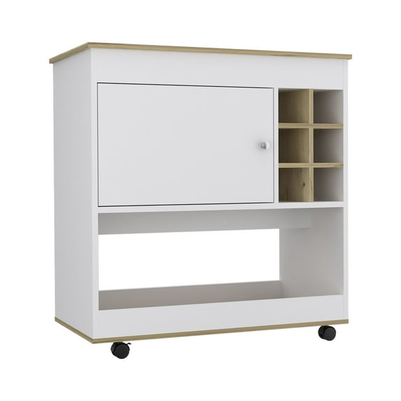 Nmkwnr Wood Bar Cart Cabinet with Lower Shelf and 6 Bottle Rack, Light Brown + White
