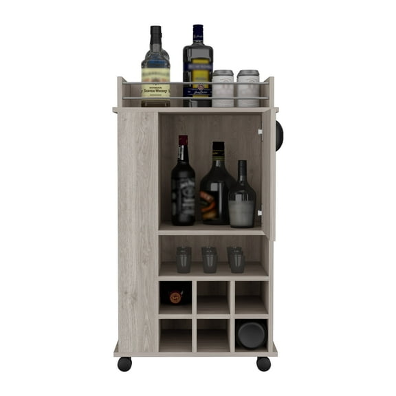 Nmkwnr Wood Bar Cart with Cabinet and 6 Wine Rack and Wheels, Perfect for Living Room, Bar, Dining Room, Gray