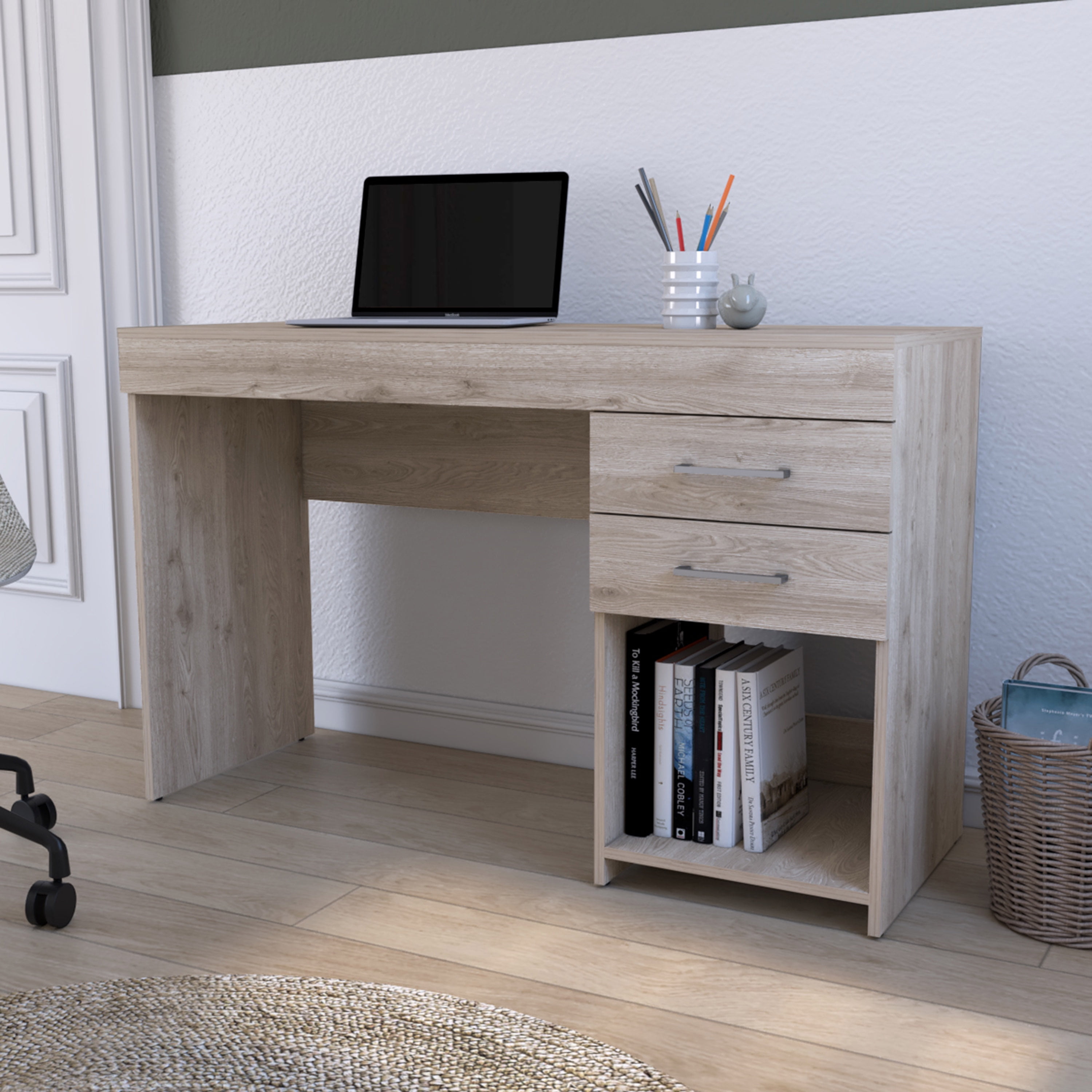 Nmkwnr Wood Computer Table with 2 Drawers and 1 Open Shelf, Writing ...
