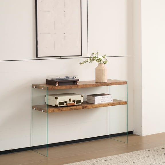 Nmkwnr Wood Console Table with Tempered Glass Base, Rectangle Side Table for Living Room, Dining Room