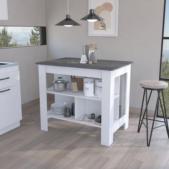 Nmkwnr Wood Kitchen Island with 3 Shelves, Perfect for Living Room, Dining Room, Kitchen, White + Gray